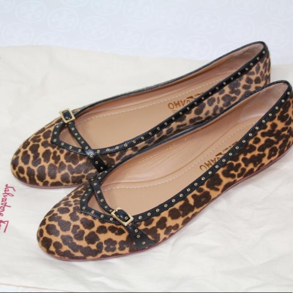 Salvatore Ferragamo Leopard Studded Calf Hair Flat